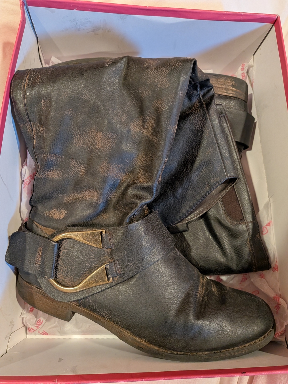 Madeline Distressed Dark Brown Mid-Calf Slouchy Boots with Buckle